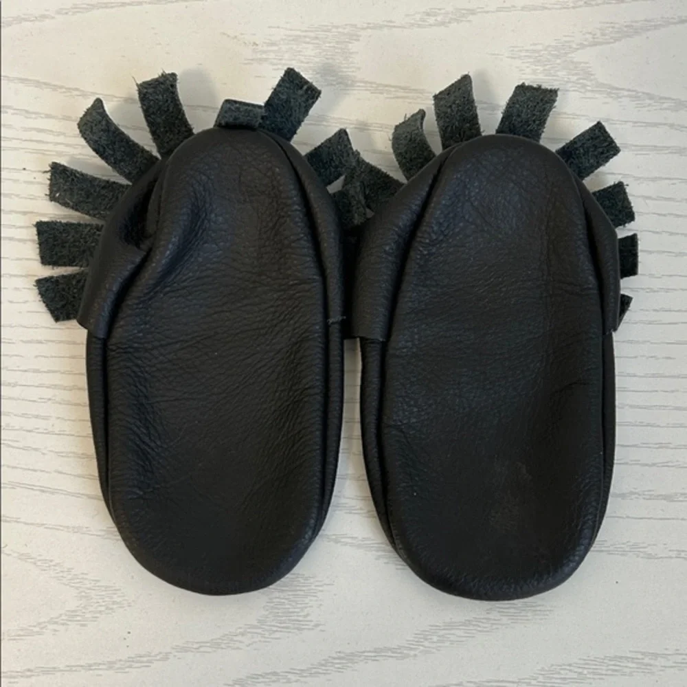 6 Inch Toddler Moccasins Black Leather Fringe Slip On No Rubber or Plastic Soles